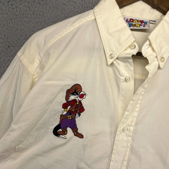 Vintage Looney Tunes Shirt Men's Medium White Sylvester Tweety Button Down 90s - Picture 4 of 16